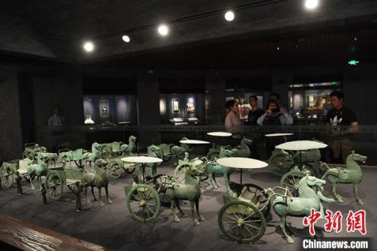 圖為甘肅省博物館展陳的東漢銅奔馬車陣。(資料圖) 楊艷敏 攝