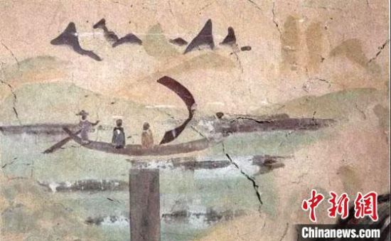 “一人搖櫓晃扁舟，兩人撐篙水上漂?！眻D為莫高窟第323窟《搖櫓帆船》（初唐）?！《鼗脱芯吭汗﹫D