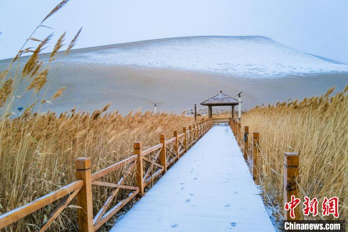 2021年11月28日，在敦煌鳴沙山月牙泉景區(qū)，沙雪交融，更顯北國風(fēng)情?！⊥醣筱y 攝