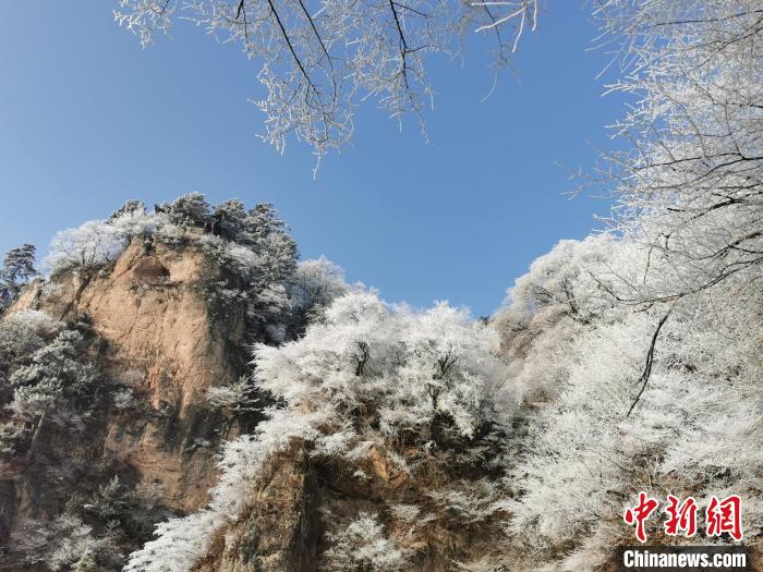 圖為藍(lán)天下霧凇籠罩山脈?！⌒煺袢A 攝