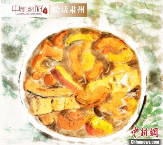 圖為酒泉美食“糊鍋”繪畫(huà)作品。　杜興彥 攝